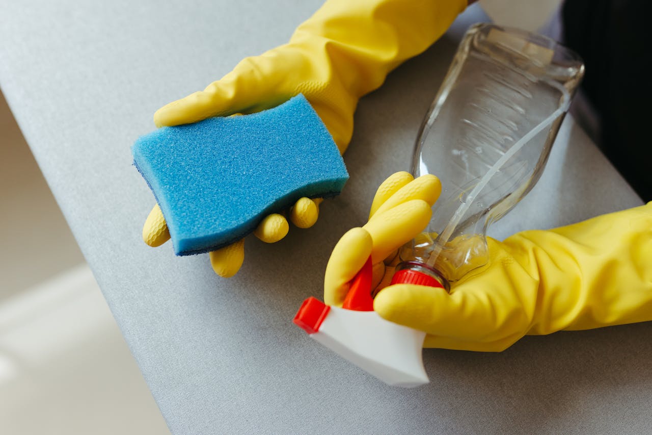 about-01 Close-up of hands in gloves holding a sponge and spray bottle for cleaning.